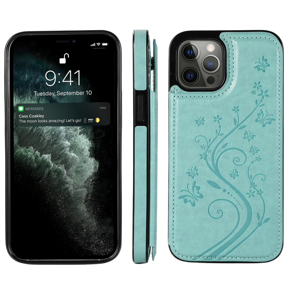 JVS Products iPhone 15 Pro hoesje -  Backcover -  Pasjeshouder -  Portemonnee -  Bloemenprint -  Kunstleer -  Turquoise