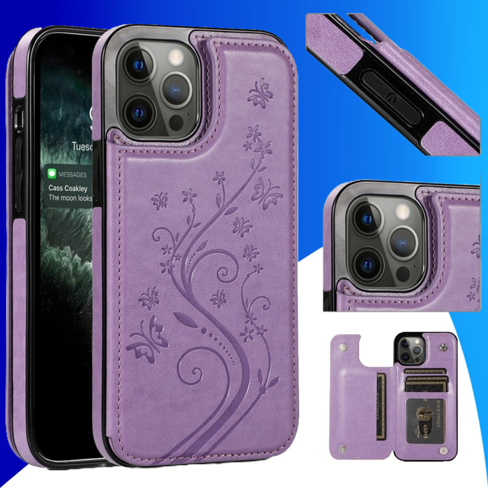 JVS Products iPhone 15 Pro Max hoesje -  Backcover -  Pasjeshouder -  Portemonnee -  Bloemenprint -  Kunstleer -  Paars