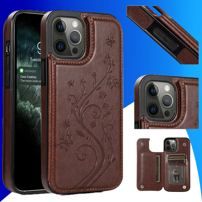 JVS Products iPhone 15 Plus hoesje -  Backcover -  Pasjeshouder -  Portemonnee -  Bloemenprint -  Kunstleer -  Bruin