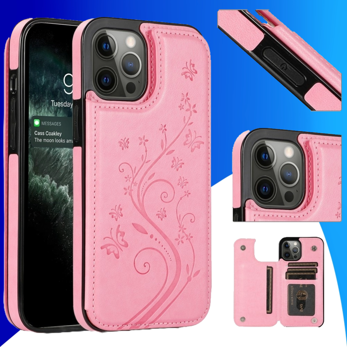 JVS Products iPhone 15 Pro Max hoesje -  Backcover -  Pasjeshouder -  Portemonnee -  Bloemenprint -  Kunstleer -  Roze