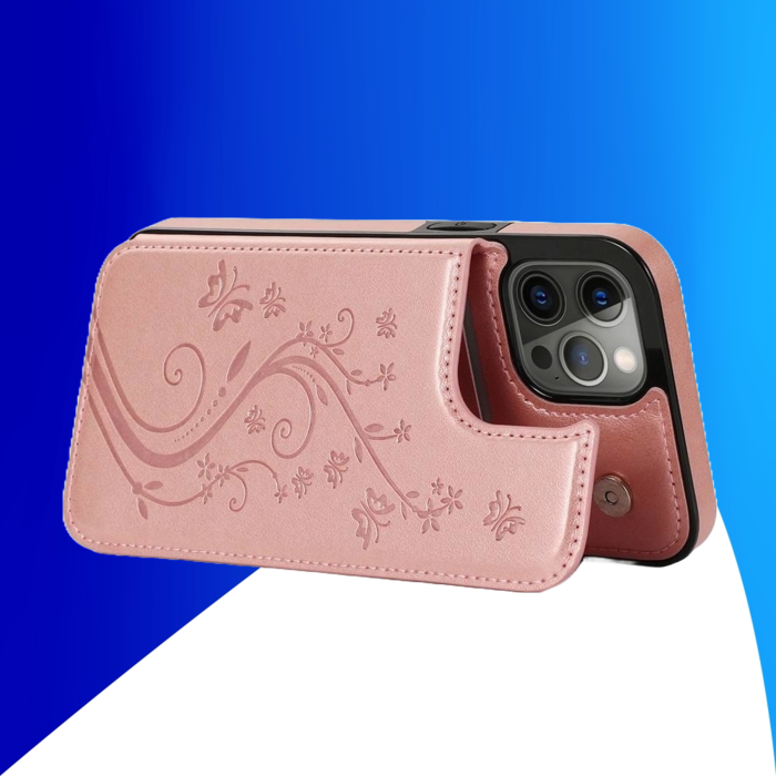 JVS Products iPhone 15 Pro hoesje -  Backcover -  Pasjeshouder -  Portemonnee -  Bloemenprint -  Kunstleer -  Rose Goud