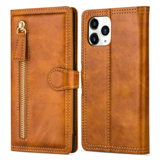 JVS Products iPhone 15 Pro hoesje - Bookcase - Pasjeshouder - Portemonnee - Rits - Kunstleer - Lichtbruin