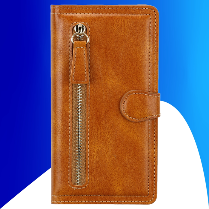 JVS Products iPhone 15 Pro hoesje -  Bookcase -  Pasjeshouder -  Portemonnee -  Rits -  Kunstleer -  Lichtbruin