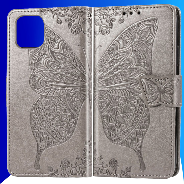 JVS Products iPhone 15 Pro Max hoesje -  Bookcase -  Pasjeshouder -  Portemonnee -  Vlinderpatroon -  Kunstleer -  Grijs