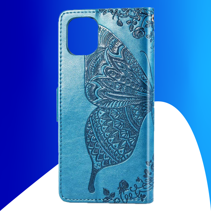 JVS Products iPhone 15 Plus hoesje -  Bookcase -  Pasjeshouder -  Portemonnee -  Vlinderpatroon -  Kunstleer -  Blauw
