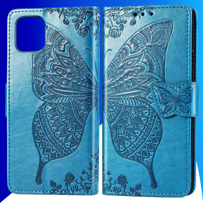 JVS Products iPhone 15 Plus hoesje -  Bookcase -  Pasjeshouder -  Portemonnee -  Vlinderpatroon -  Kunstleer -  Blauw