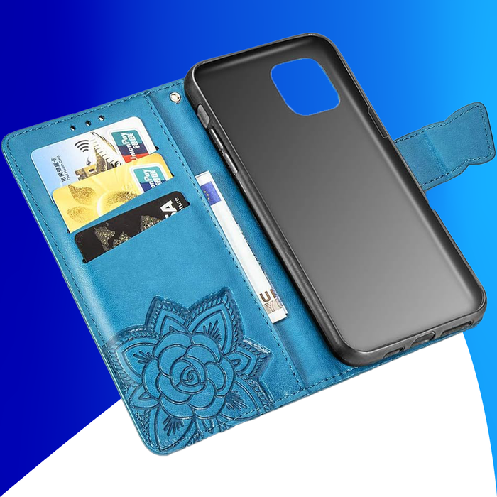 JVS Products iPhone 15 Plus hoesje -  Bookcase -  Pasjeshouder -  Portemonnee -  Vlinderpatroon -  Kunstleer -  Blauw