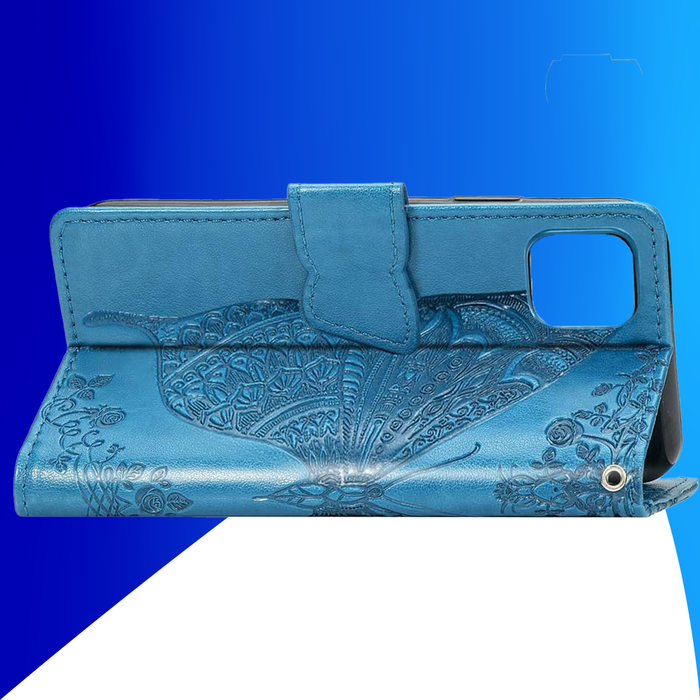 JVS Products iPhone 15 Plus hoesje -  Bookcase -  Pasjeshouder -  Portemonnee -  Vlinderpatroon -  Kunstleer -  Blauw