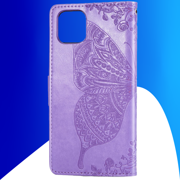 JVS Products iPhone 15 Plus hoesje -  Bookcase -  Pasjeshouder -  Portemonnee -  Vlinderpatroon -  Kunstleer -  Paars