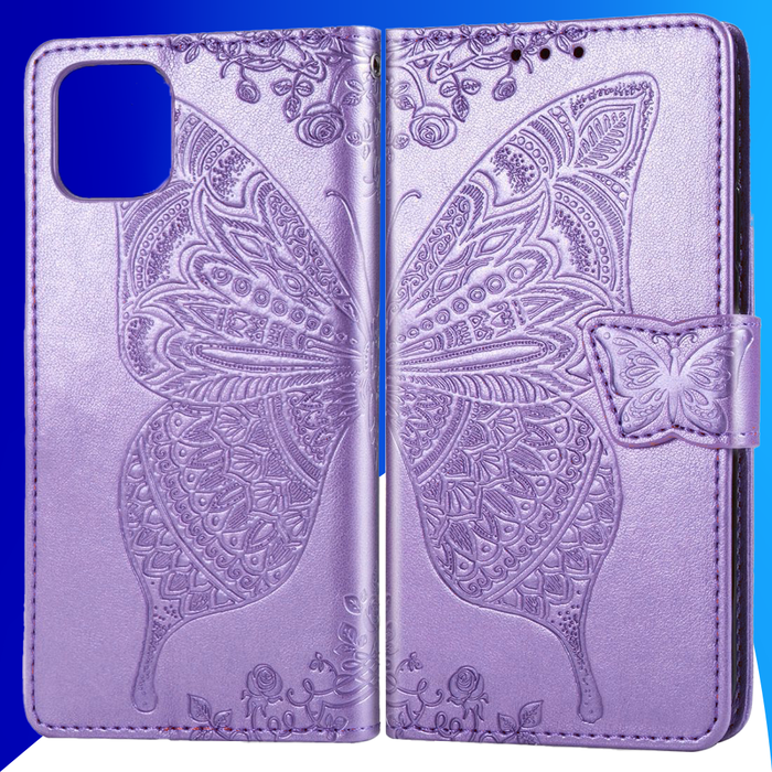 JVS Products iPhone 15 Plus hoesje -  Bookcase -  Pasjeshouder -  Portemonnee -  Vlinderpatroon -  Kunstleer -  Paars