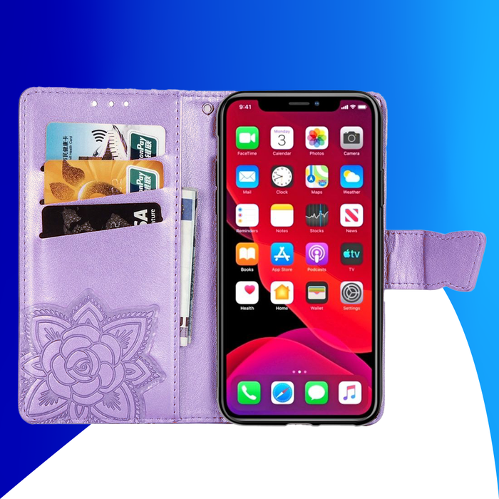 JVS Products iPhone 15 Plus hoesje -  Bookcase -  Pasjeshouder -  Portemonnee -  Vlinderpatroon -  Kunstleer -  Paars