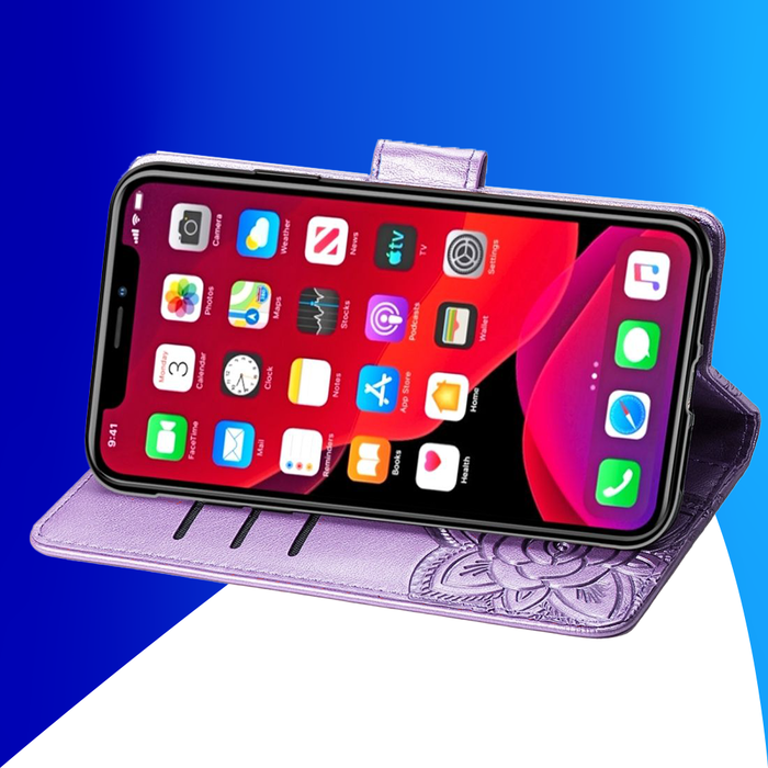 JVS Products iPhone 15 Plus hoesje -  Bookcase -  Pasjeshouder -  Portemonnee -  Vlinderpatroon -  Kunstleer -  Paars