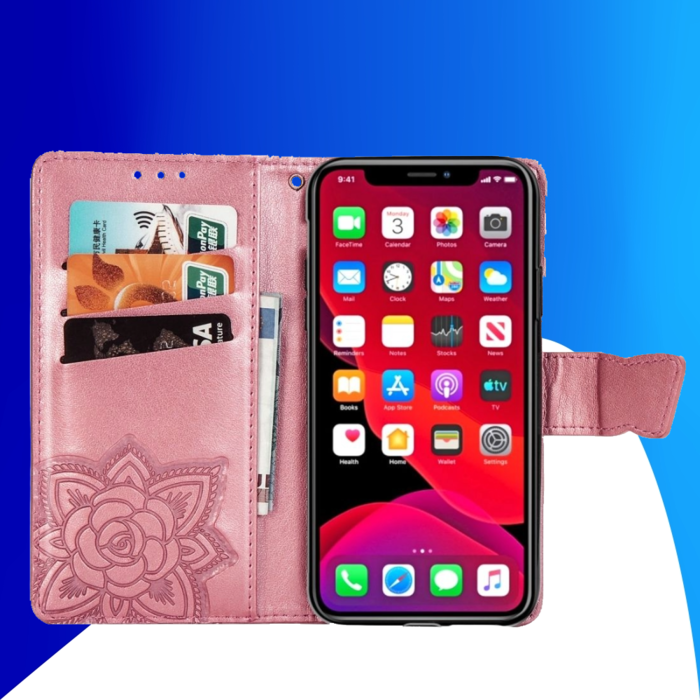 JVS Products iPhone 15 Plus hoesje -  Bookcase -  Pasjeshouder -  Portemonnee -  Vlinderpatroon -  Kunstleer -  Roze