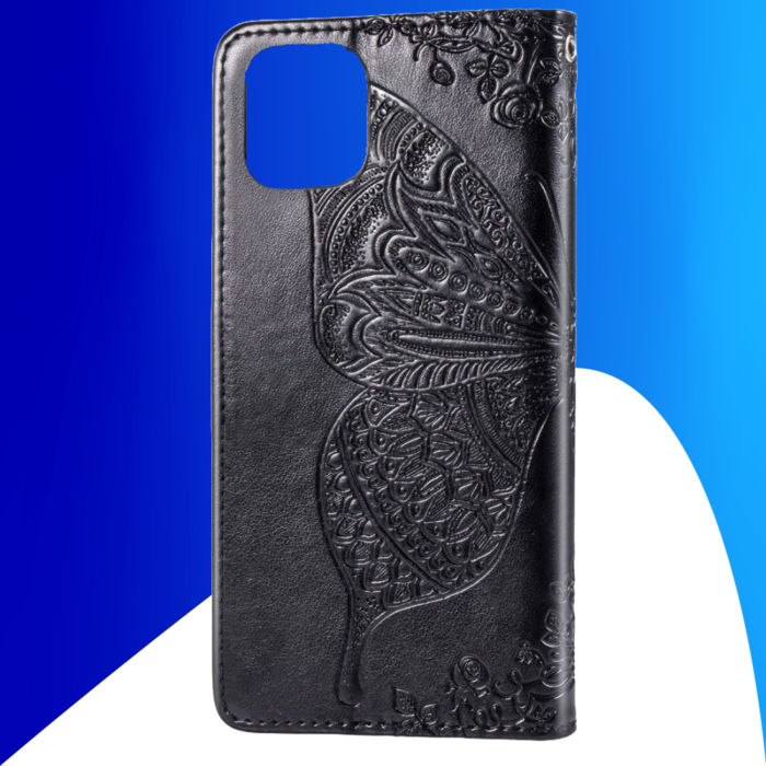 JVS Products iPhone 15 Plus hoesje -  Bookcase -  Pasjeshouder -  Portemonnee -  Vlinderpatroon -  Kunstleer -  Zwart