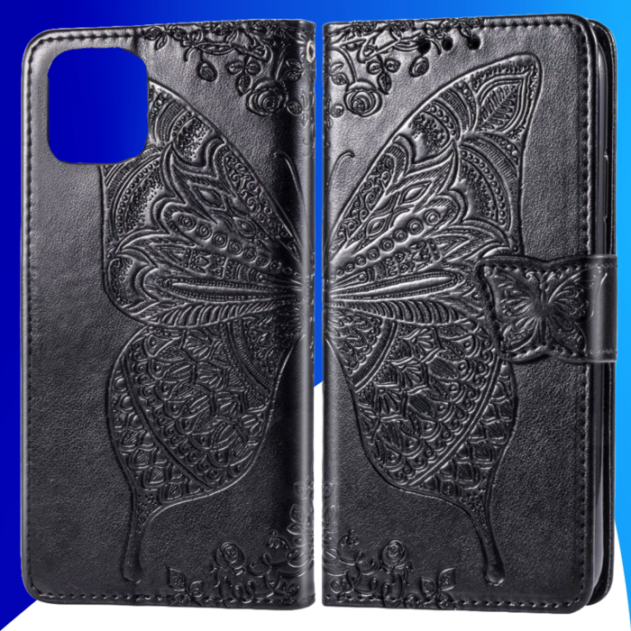 JVS Products iPhone 15 Plus hoesje -  Bookcase -  Pasjeshouder -  Portemonnee -  Vlinderpatroon -  Kunstleer -  Zwart