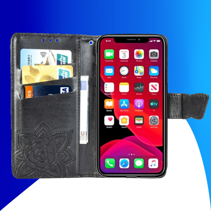 JVS Products iPhone 15 Plus hoesje -  Bookcase -  Pasjeshouder -  Portemonnee -  Vlinderpatroon -  Kunstleer -  Zwart