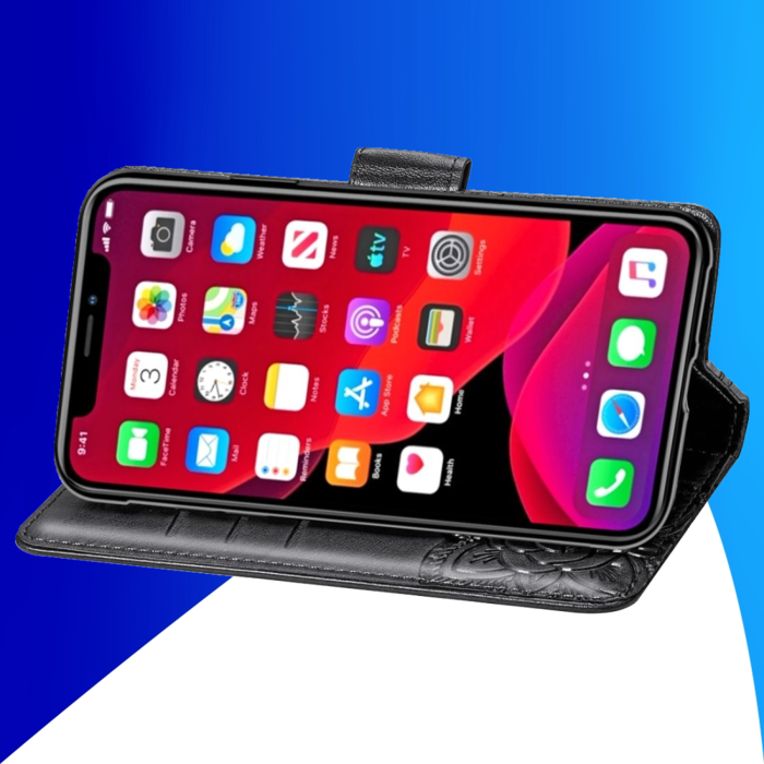 JVS Products iPhone 15 Plus hoesje -  Bookcase -  Pasjeshouder -  Portemonnee -  Vlinderpatroon -  Kunstleer -  Zwart