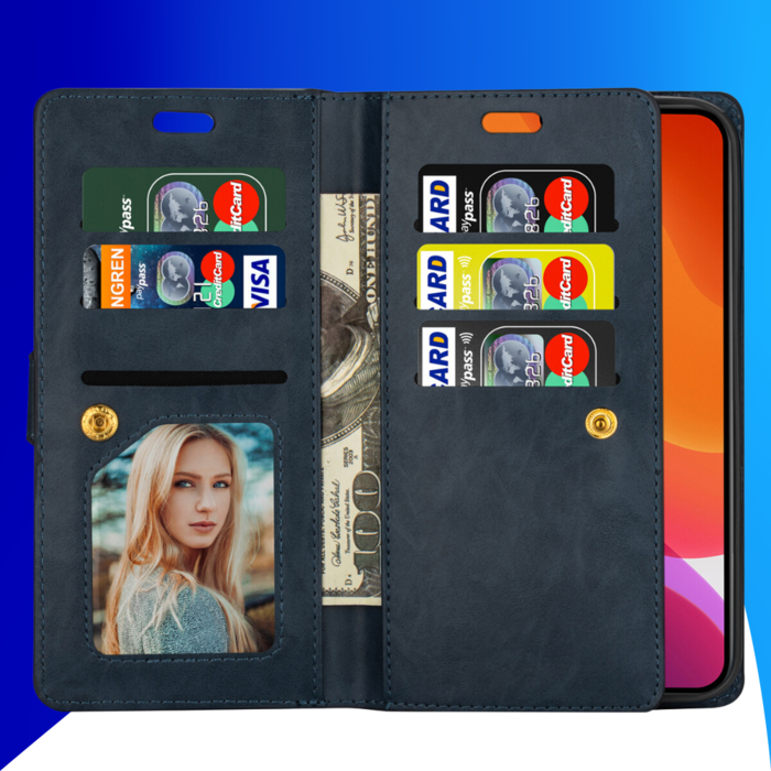 JVS Products iPhone 15 Pro Max hoesje -  Bookcase -  Koord -  Pasjeshouder -  Portemonnee -  Rits -  Kunstleer -  Blauw