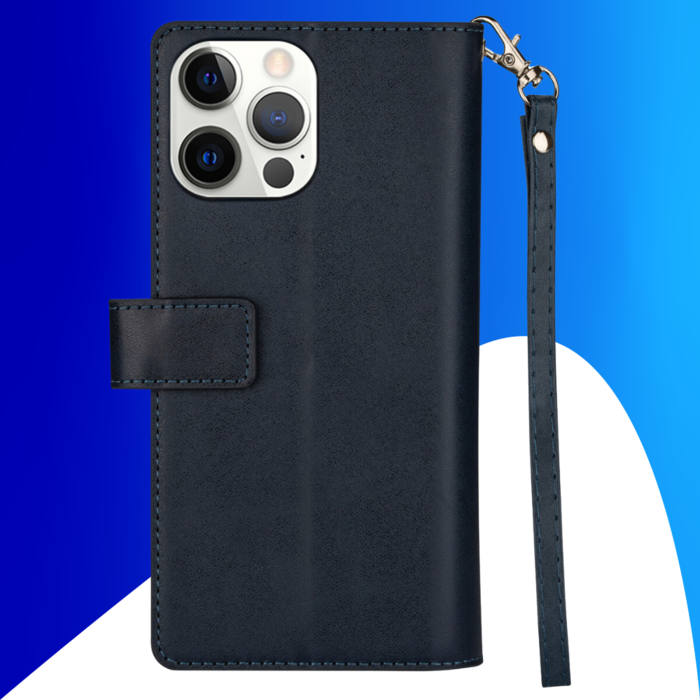 JVS Products iPhone 15 Pro Max hoesje -  Bookcase -  Koord -  Pasjeshouder -  Portemonnee -  Rits -  Kunstleer -  Blauw