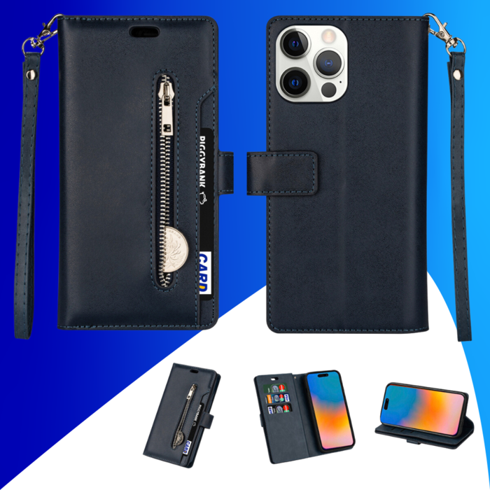 JVS Products iPhone 15 Pro Max hoesje -  Bookcase -  Koord -  Pasjeshouder -  Portemonnee -  Rits -  Kunstleer -  Blauw