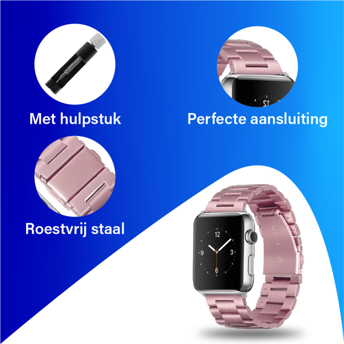 JVS Products Bandje geschikt voor Apple Watch 42/44MM - Geschikt voor Series 1/2/3/4/5/6/7/8/9/SE/Ultra 1&2 - Maat One Size - Horlogebandje - Metaal - Roze