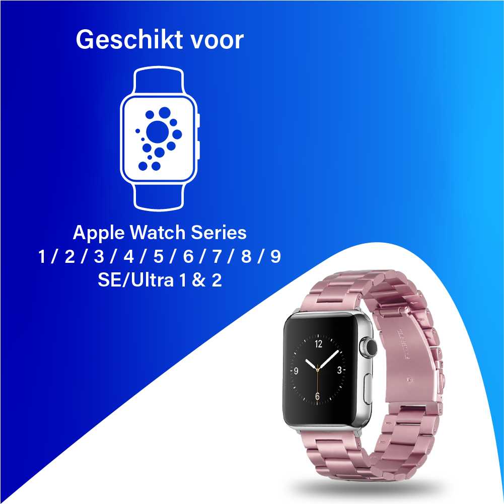 JVS Products Bandje geschikt voor Apple Watch 42/44MM - Geschikt voor Series 1/2/3/4/5/6/7/8/9/SE/Ultra 1&2 - Maat One Size - Horlogebandje - Metaal - Roze