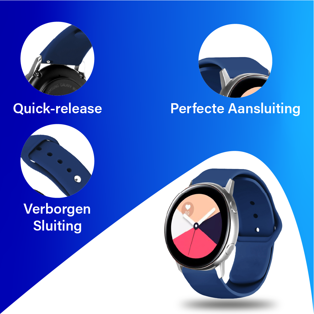 JVS Products Bandje geschikt voor Samsung Galaxy Watch 40/41/42/44/45/46MM - Geschikt voor Samsung Galaxy Watch 1/2/3/4/5/6/7/Classic Watch 4/Watch 5 Pro/Watch 6 Classic/Watch Active/Watch Active 2 - Maat One Size - Horlogebandje - Siliconen - Donkerblauw