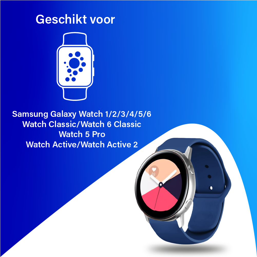 JVS Products Bandje geschikt voor Samsung Galaxy Watch 40/41/42/44/45/46MM - Geschikt voor Samsung Galaxy Watch 1/2/3/4/5/6/7/Classic Watch 4/Watch 5 Pro/Watch 6 Classic/Watch Active/Watch Active 2 - Maat One Size - Horlogebandje - Siliconen - Donkerblauw