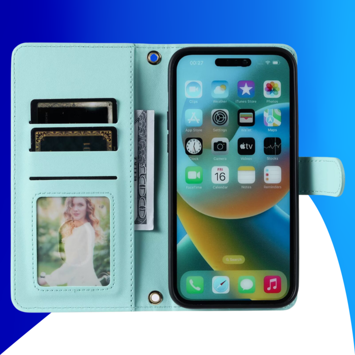 JVS Products iPhone 7 hoesje - Bookcase - Pasjeshouder - Koord - Kunstleer - Turquoise