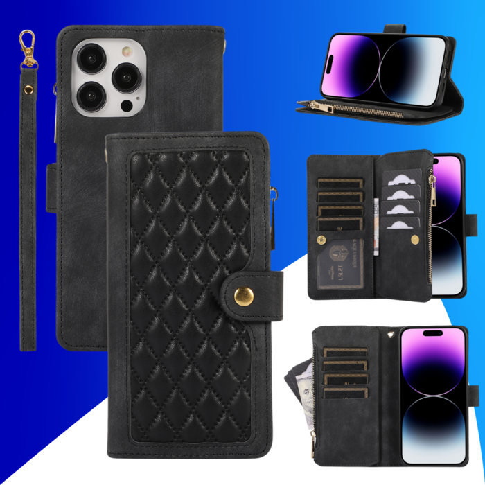 JVS Products iPhone 13 Mini hoesje - Bookcase - Pasjeshouder - Portemonnee - Koord - Kunstleer - Zwart