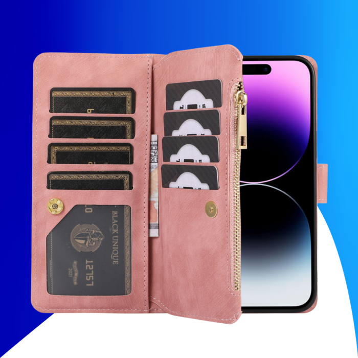 JVS Products iPhone 15 Plus hoesje - Bookcase - Pasjeshouder - Portemonnee - Koord - Kunstleer - Roze