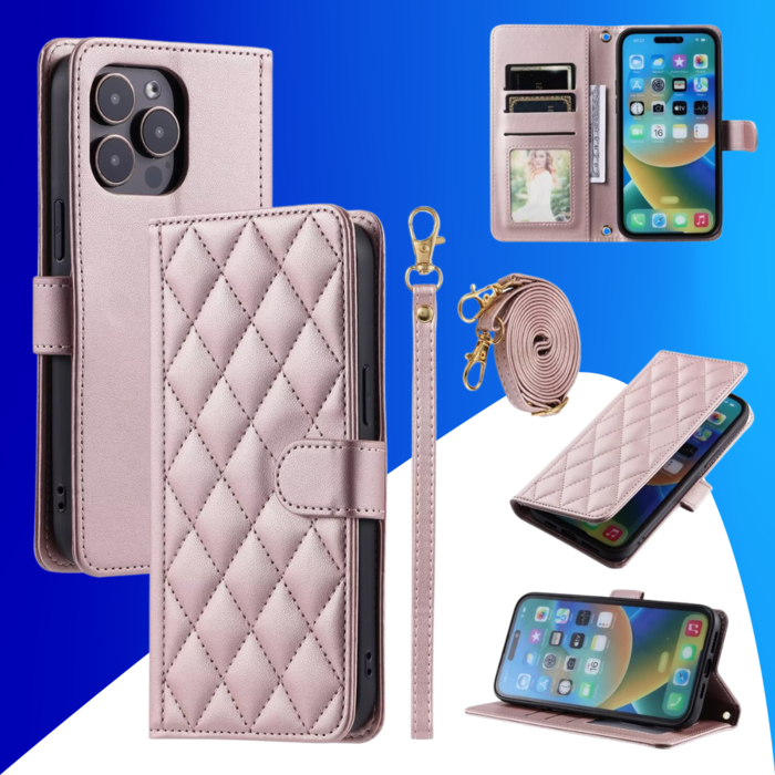 JVS Products iPhone 15 Pro hoesje - Bookcase - Pasjeshouder - Koord - Kunstleer - Rose Goud