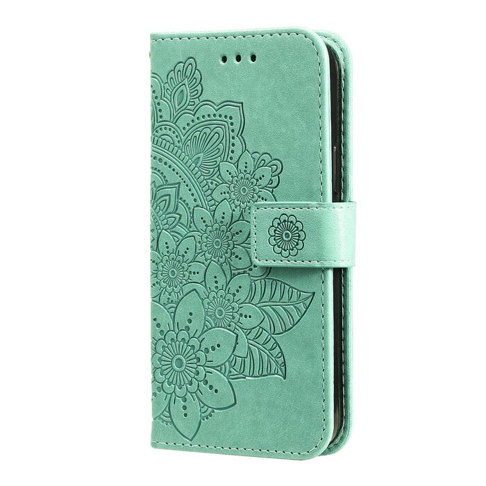 JVS Products Samsung Galaxy A25 hoesje - Bookcase - Pasjeshouder - Portemonnee - Bloemenprint - Kunstleer - Turquoise