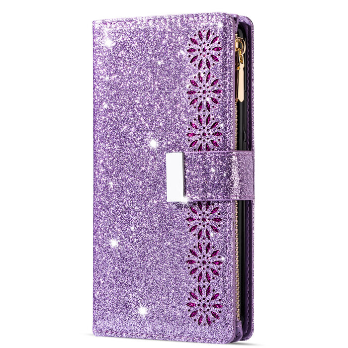 JVS Products Samsung Galaxy A25 hoesje - Bookcase - Koord - Pasjeshouder - Portemonnee - Glitter - Bloemenpatroon - Kunstleer - Paars