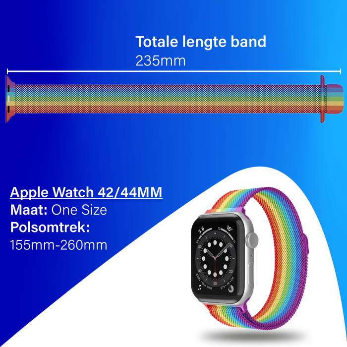 JVS Products Bandje geschikt voor Apple Watch 42/44MM - Geschikt voor Series 1/2/3/4/5/6/7/8/9/SE/Ultra 1&2 - Maat One Size - Horlogebandje - Milanees - Regenboog