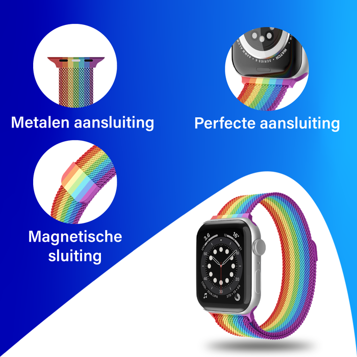 JVS Products Bandje geschikt voor Apple Watch 42/44MM - Geschikt voor Series 1/2/3/4/5/6/7/8/9/SE/Ultra 1&2 - Maat One Size - Horlogebandje - Milanees - Regenboog