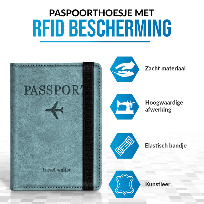 JVS Products Paspoort hoesje - Paspoorthouder - Paspoort cover  - RFID - Kunstleer - Lichtblauw