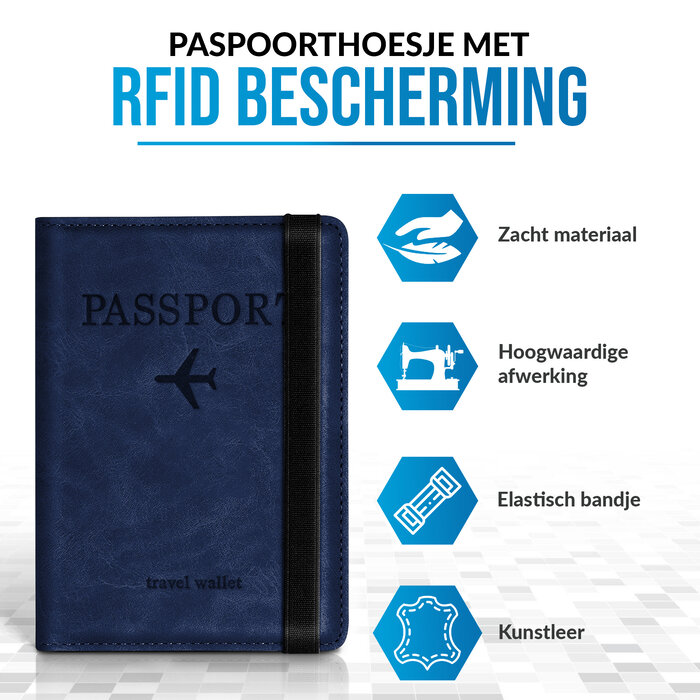 JVS Products Paspoort hoesje - Paspoorthouder - Paspoort cover  - RFID - Kunstleer - Blauw