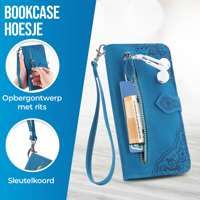 JVS Products iPhone 15 hoesje -  Bookcase -  Koord -  Pasjeshouder -  Portemonnee -  Bloemenpatroon -  Kunstleer -  Blauw