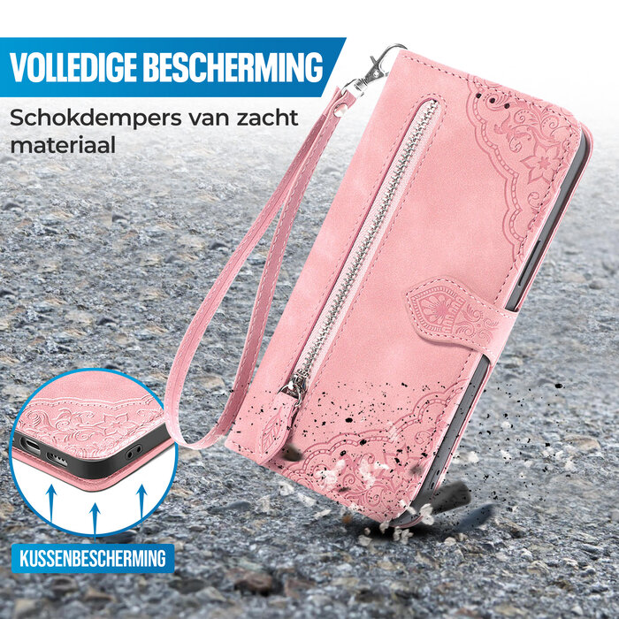 JVS Products OPPO Reno 6 5G hoesje - Bookcase - Koord - Pasjeshouder - Portemonnee - Bloemenpatroon - Kunstleer - Roze