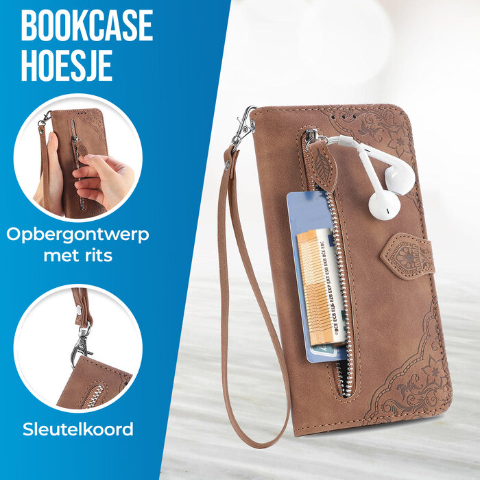 JVS Products Samsung Galaxy S21 FE hoesje - Bookcase - Koord - Pasjeshouder - Portemonnee - Bloemenpatroon - Kunstleer - Bruin