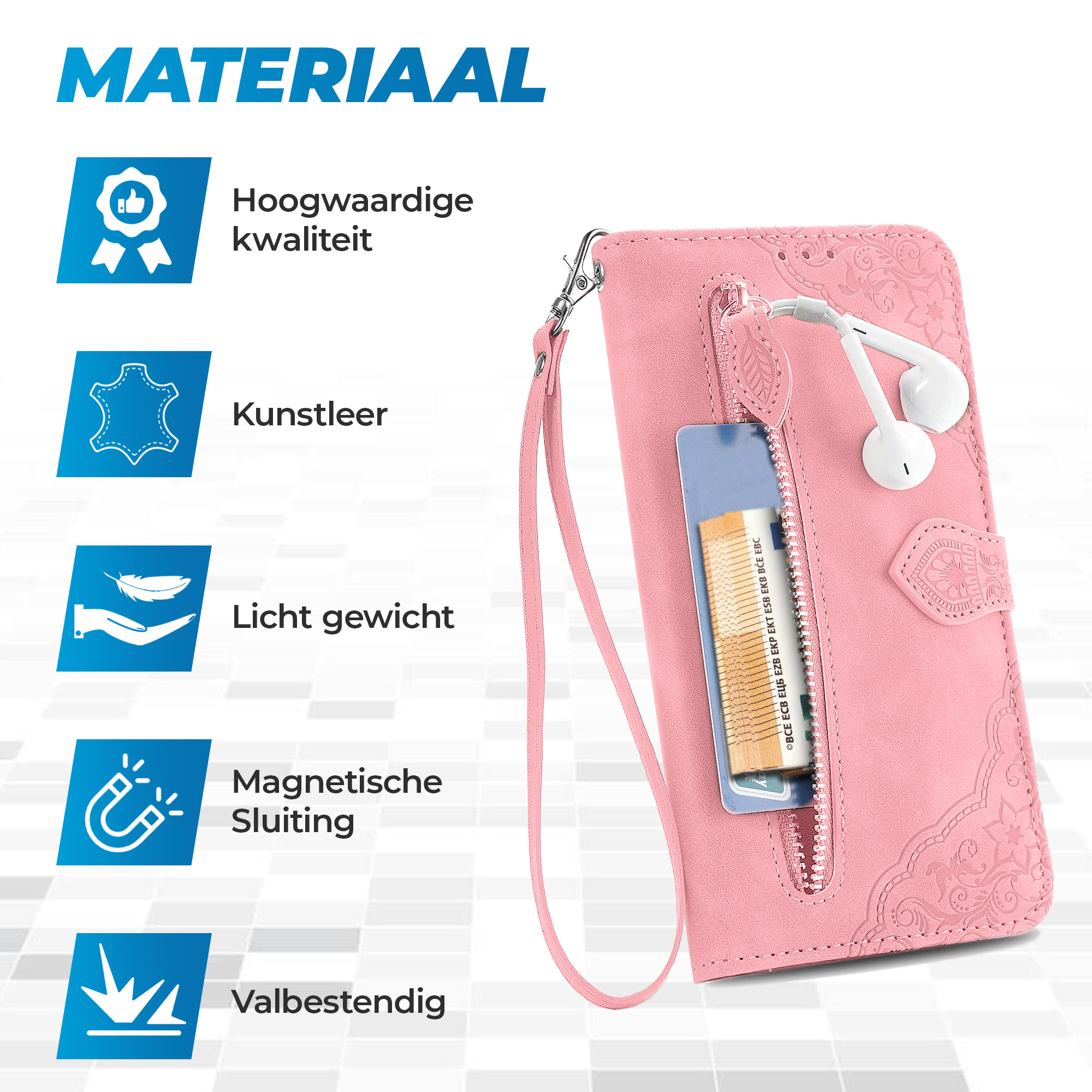 JVS Products Xiaomi 11 Lite hoesje - Bookcase - Koord - Pasjeshouder - Portemonnee - Bloemenpatroon - Kunstleer - Roze