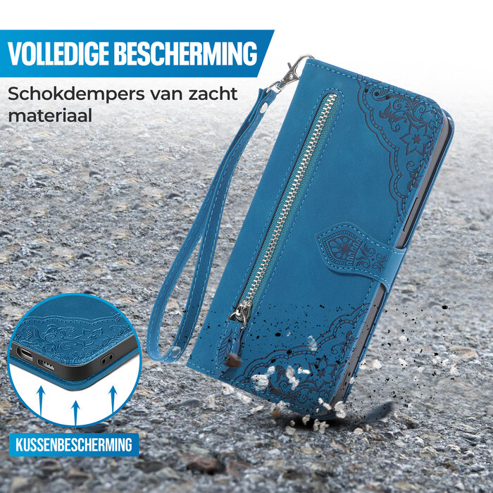JVS Products iPhone 13 hoesje - Bookcase - Koord - Pasjeshouder - Portemonnee - Bloemenpatroon - Kunstleer - Blauw