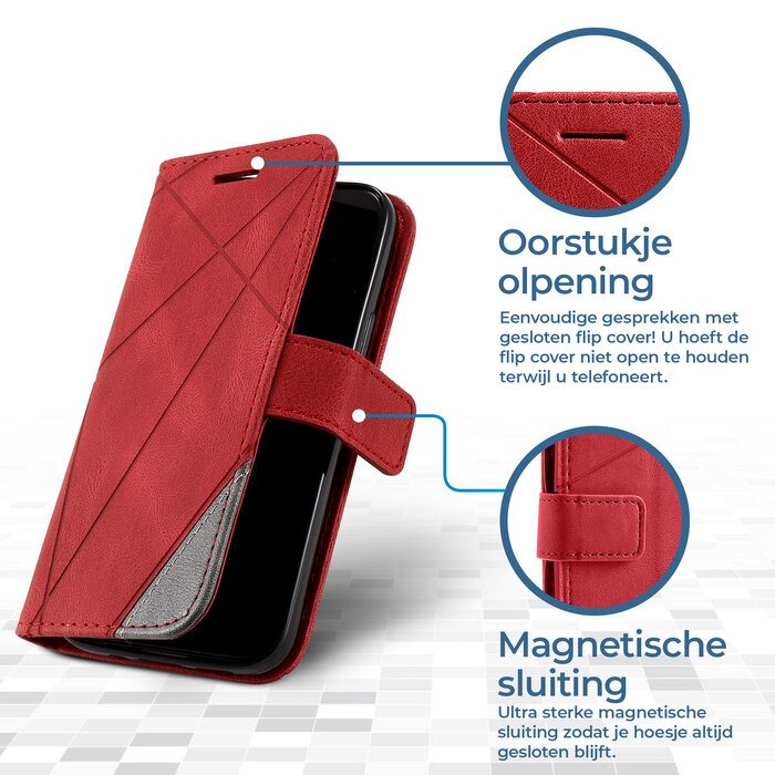JVS Products iPhone 15 hoesje -  Bookcase -  Pasjeshouder -  Portemonnee -  Patroon -  Kunstleer -  Rood