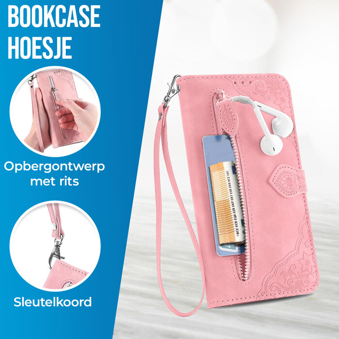 JVS Products OPPO A54S hoesje - Bookcase - Koord - Pasjeshouder - Portemonnee - Bloemenpatroon - Kunstleer - Roze