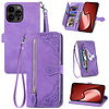 iPhone 13 Pro hoesje - Bookcase - Koord - Pasjeshouder - Portemonnee - Bloemenpatroon - Kunstleer - Paars