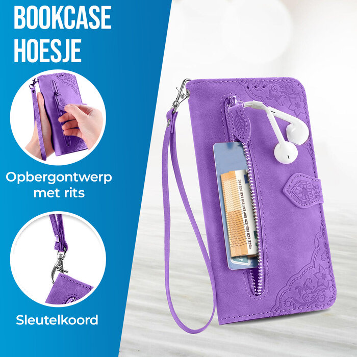 JVS Products iPhone 14 hoesje - Bookcase - Koord - Pasjeshouder - Portemonnee - Bloemenpatroon - Kunstleer - Paars