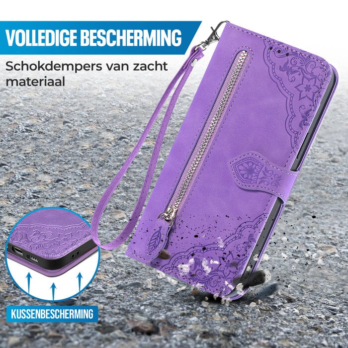 JVS Products Samsung Galaxy A52 hoesje - Bookcase - Koord - Pasjeshouder - Portemonnee - Bloemenpatroon - Kunstleer - Paars