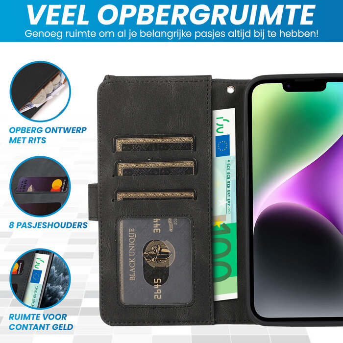 JVS Products iPhone X hoesje - Bookcase - Pasjeshouder - Portemonnee - Rits - Kunstleer - Zwart