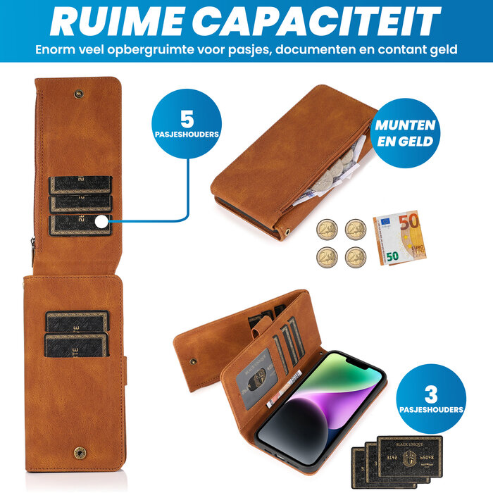 JVS Products iPhone 15 Plus hoesje -  Bookcase -  Pasjeshouder -  Portemonnee -  Rits -  Kunstleer -  Bruin